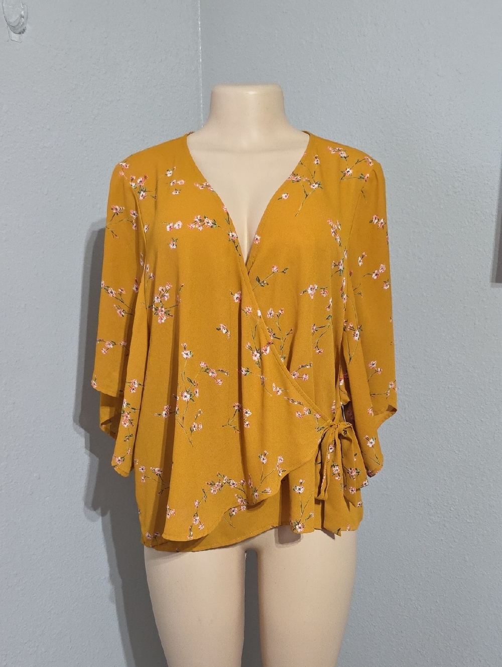 Express Mustard Floral Side-Tie Wrap Top Size L